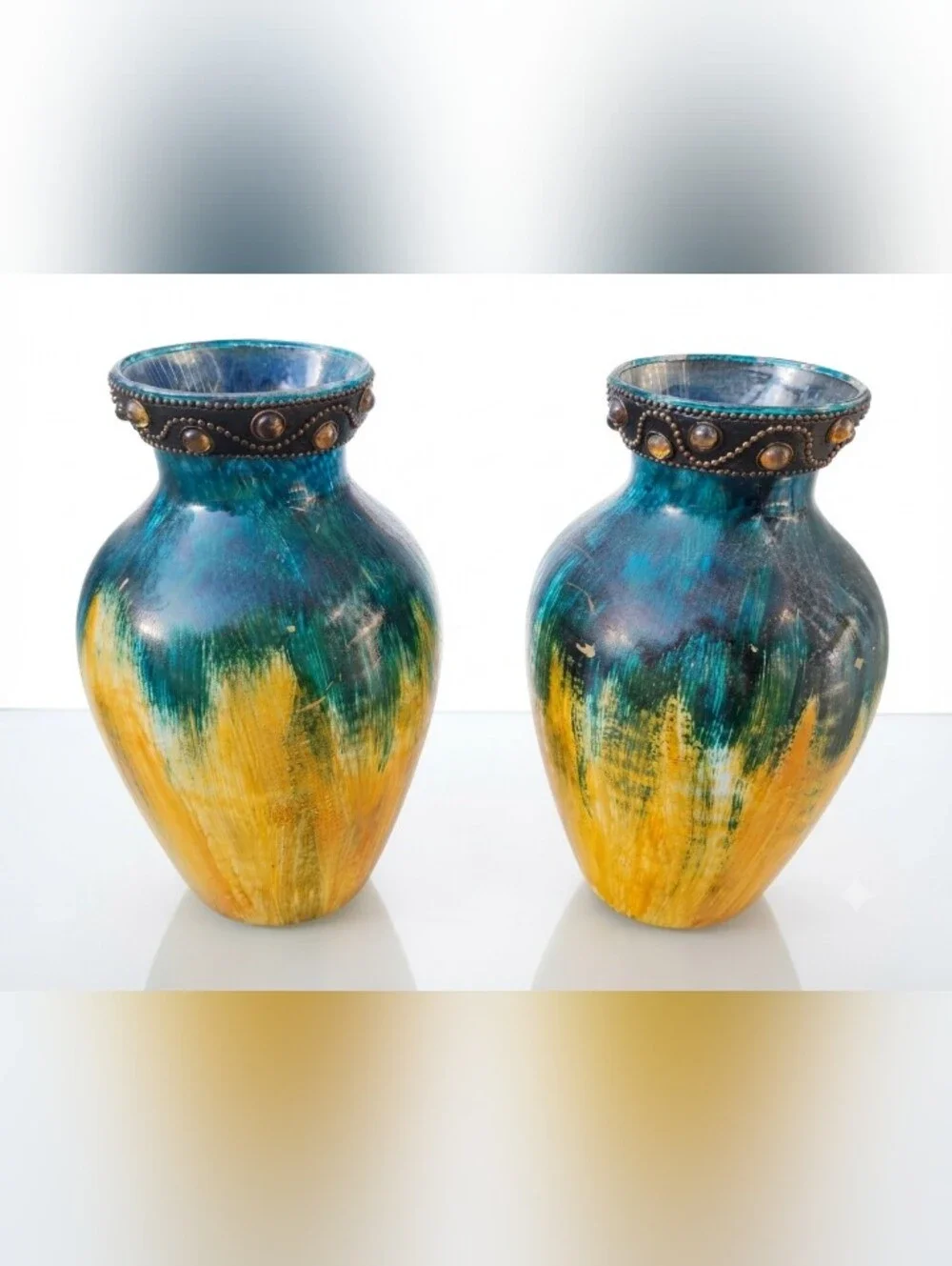 Boho Chic Art Glass Vases Teal & Gold Brushstroke, Amber Cabochon Trim, Set Of2